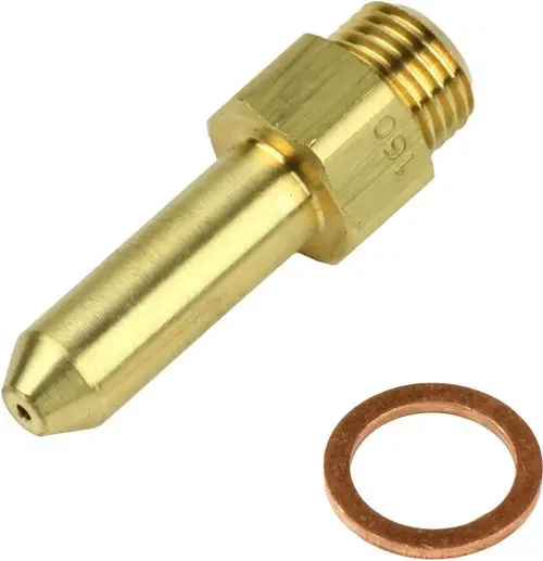 Brass Düse mit einem konischen Ende und einem Gewinde. Eine Kupferdichtung liegt daneben. Produkt könnte zur Anwendung in Kochgeräten von Bosch gehören.